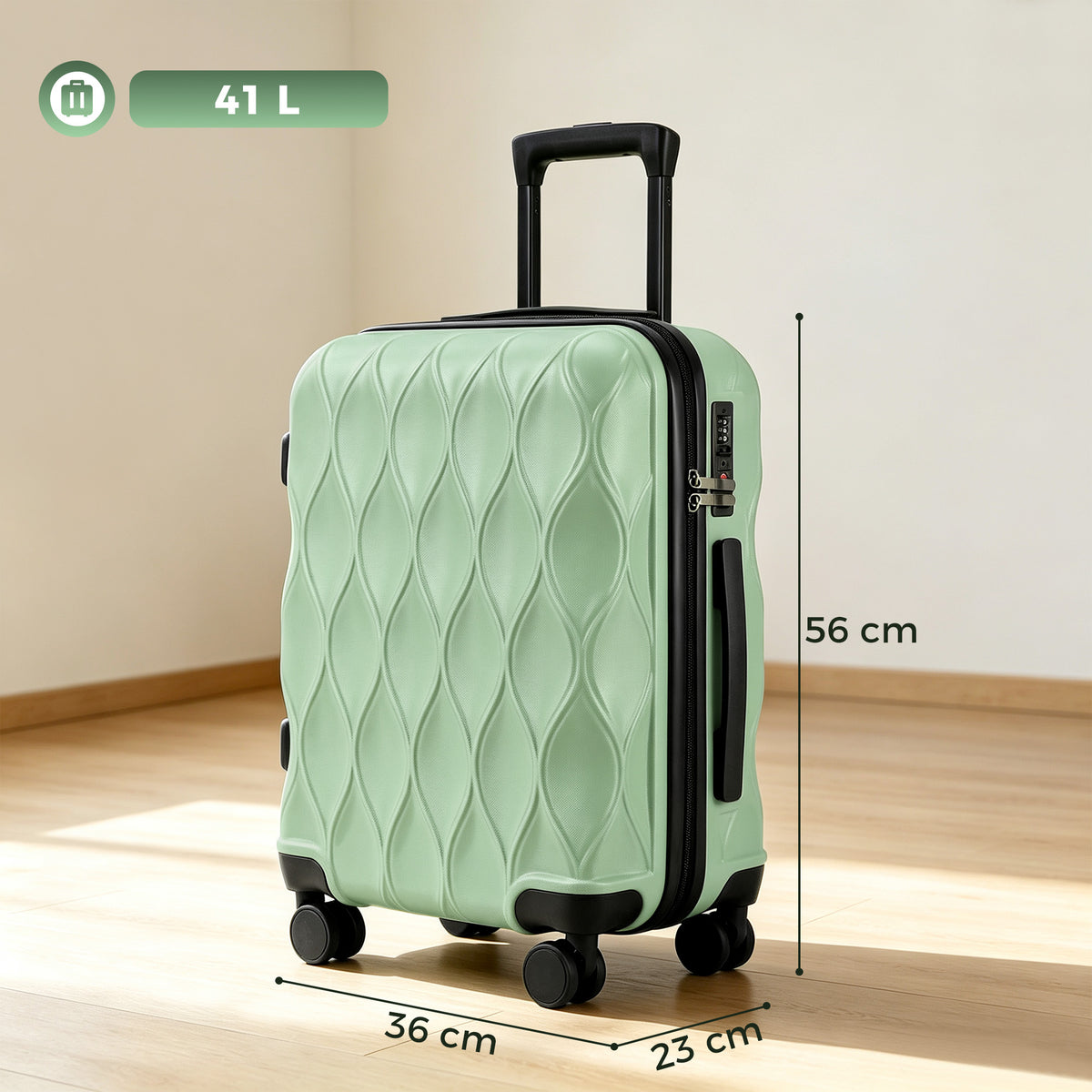 HOMCOM 56cm 41L Suitcase, Lightweight ABS Hard Shell Carry On Luggage with TSA Lock, Spinner Wheels, Telescopic Handle, Green