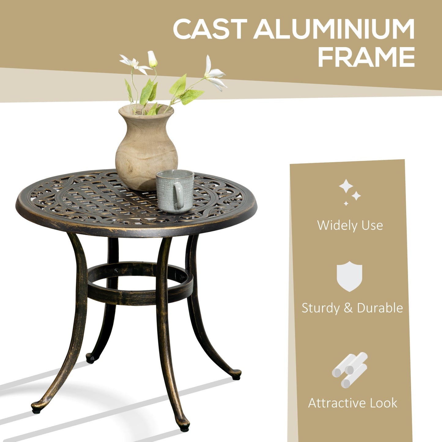 Outsunny Outdoor Garden Table, Cast Aluminium Patio End Table with Anti-slip Foot Pads for Garden, Patio, Balcony, 60 x 60 cm, Bronze Tone