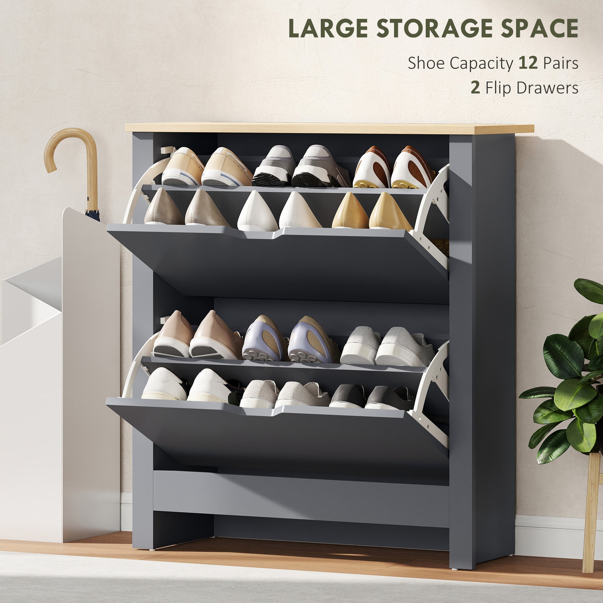 HOMCOM Slim Shoe Cabinet, Narrow Shoe Cupboard with 2 Flip Drawers, Adjustable Shelves for 12 Pairs of Shoes, Charcoal Grey--ChewyGames-ChewyGames
