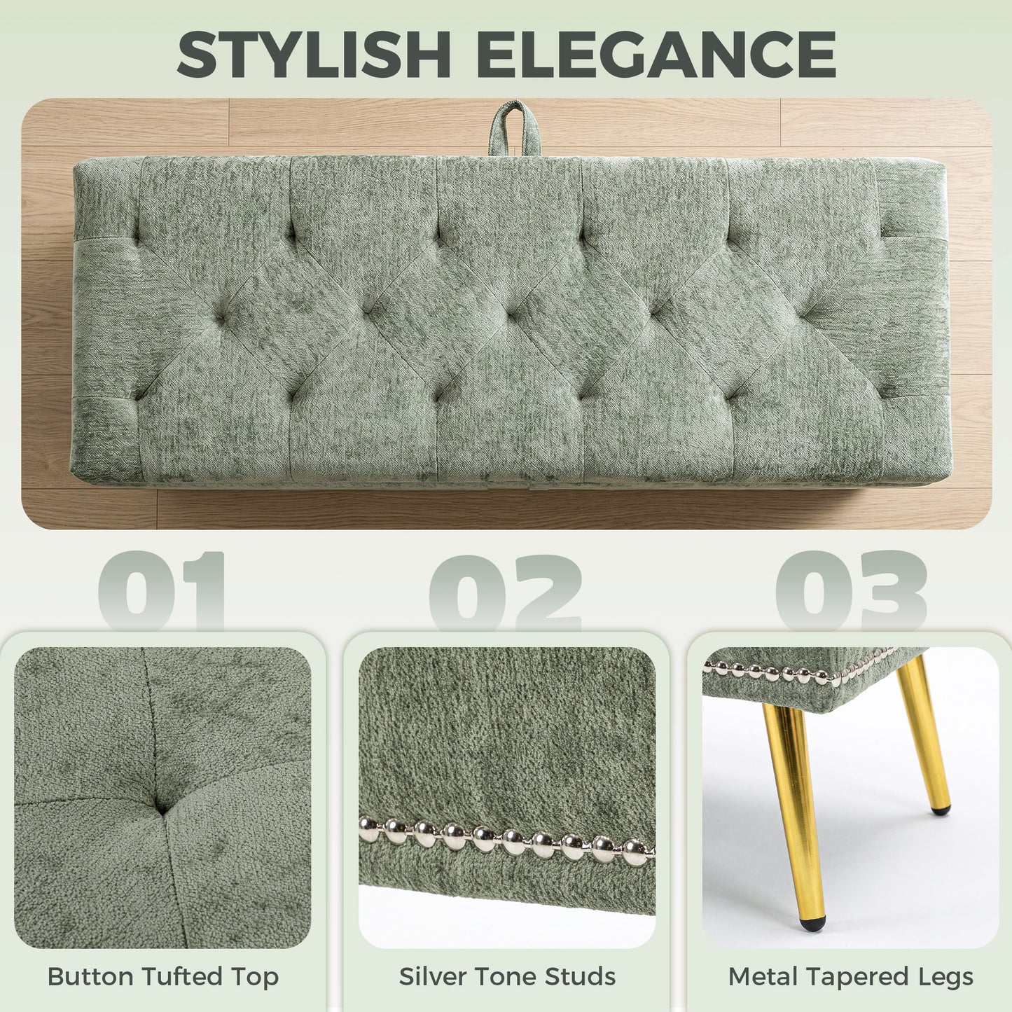 HOMCOM Storage Ottoman, Chenille Upholstered Ottoman Storage Box with Padded Seat, Metal Legs, 114 x 41 x 45 cm, Light Green