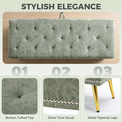 HOMCOM Storage Ottoman, Chenille Upholstered Ottoman Storage Box with Padded Seat, Metal Legs, 114 x 41 x 45 cm, Light Green