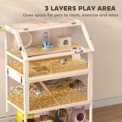 PawHut Wooden Hamster Cage with Detachable Lower Floor, Storage Shelf, Hut, Seesaw, Exercise Wheel, Ramps for Hamster