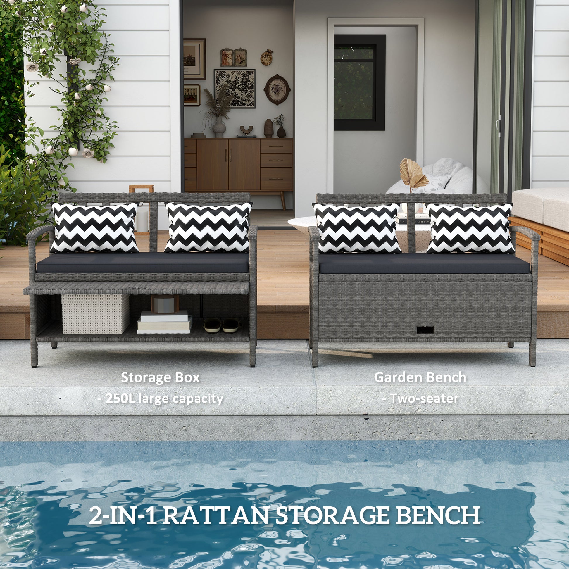 Outsunny 160L Storage Two-Seater Rattan Bench - Grey--ChewyGames-ChewyGames