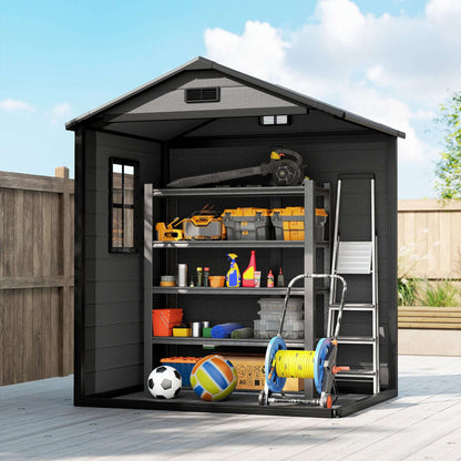 Outsunny 6'x4.5' Garden Storage Shed, Lockable Garden Shed with Double Doors, Window, Vent and Plastic Roof, Dark Grey