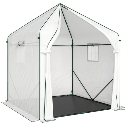 Outsunny Walk-in Greenhouse for Outdoors with Steel Frame, Large Plant House with Roll-up Door and PE Ground Cover, White