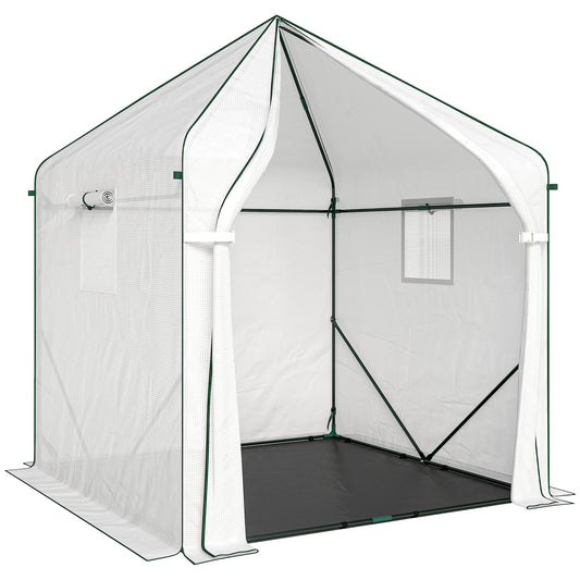Outsunny Walk-in Greenhouse for Outdoors with Steel Frame, Large Plant House with Roll-up Door and PE Ground Cover, White