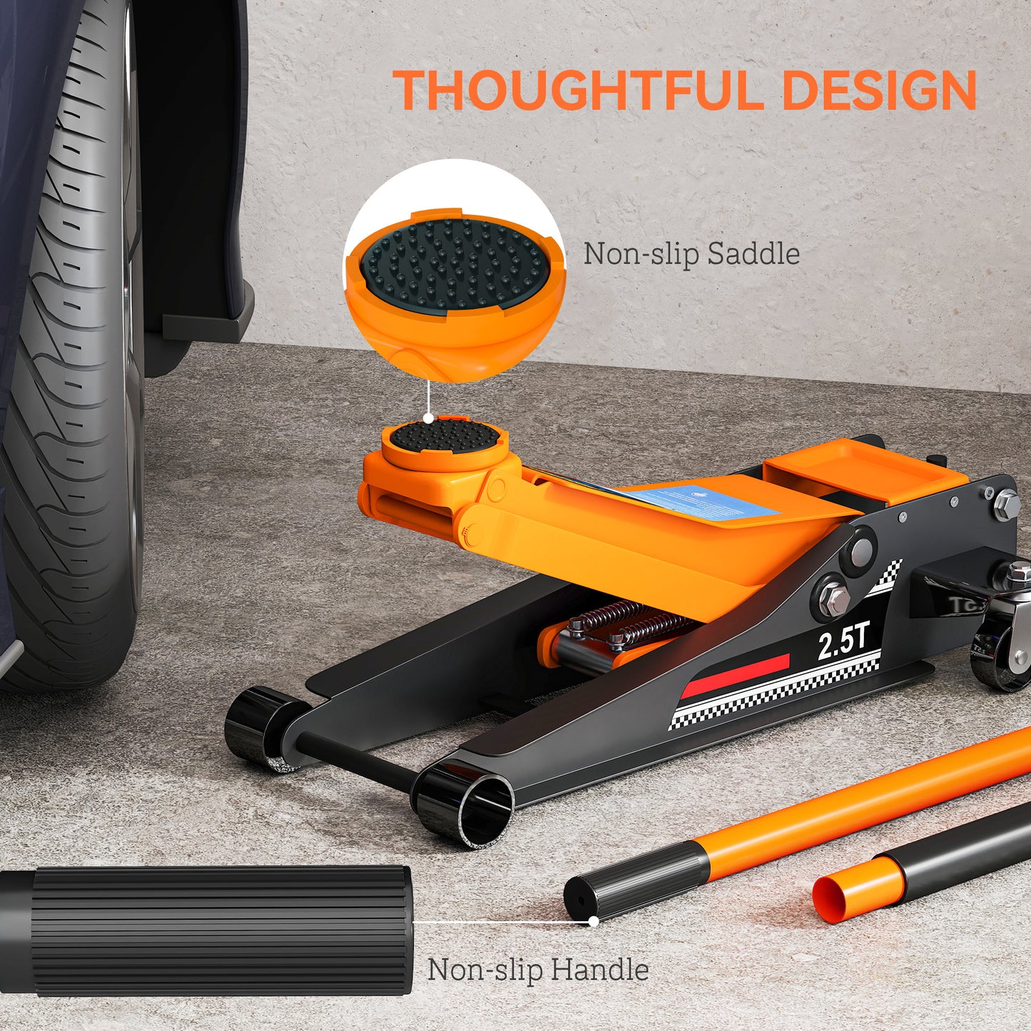 HOMCOM 2.5 Ton Hydraulic Low-Profile Floor Jack, with 7.5-47cm Lifting Range, Wheels, Orange