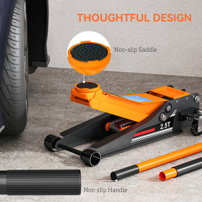 HOMCOM 2.5 Ton Hydraulic Low-Profile Floor Jack, with 7.5-47cm Lifting Range, Wheels, Orange