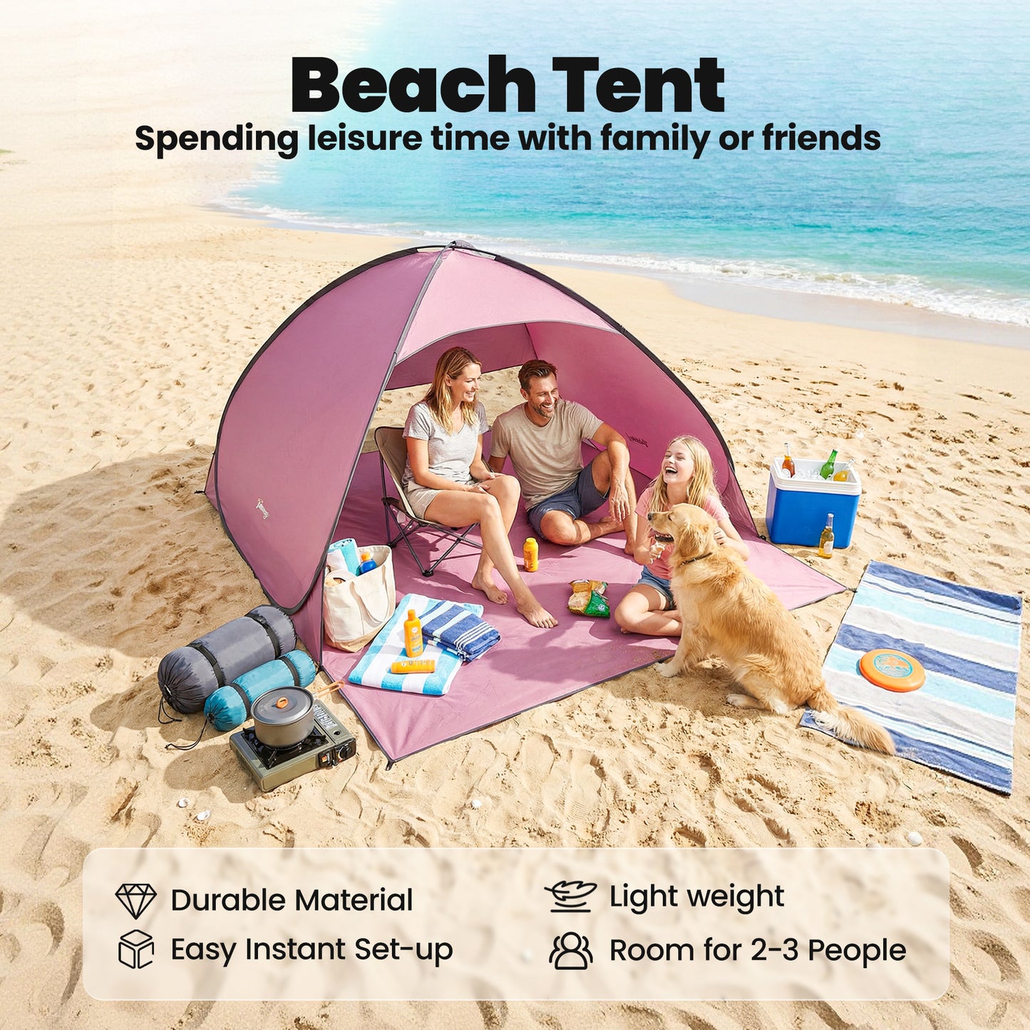 Outsunny Pop up Beach Tent, UV 50+ Sun Shelter with Carry Bag, 2x1.5m for 2-3 Person, Pink