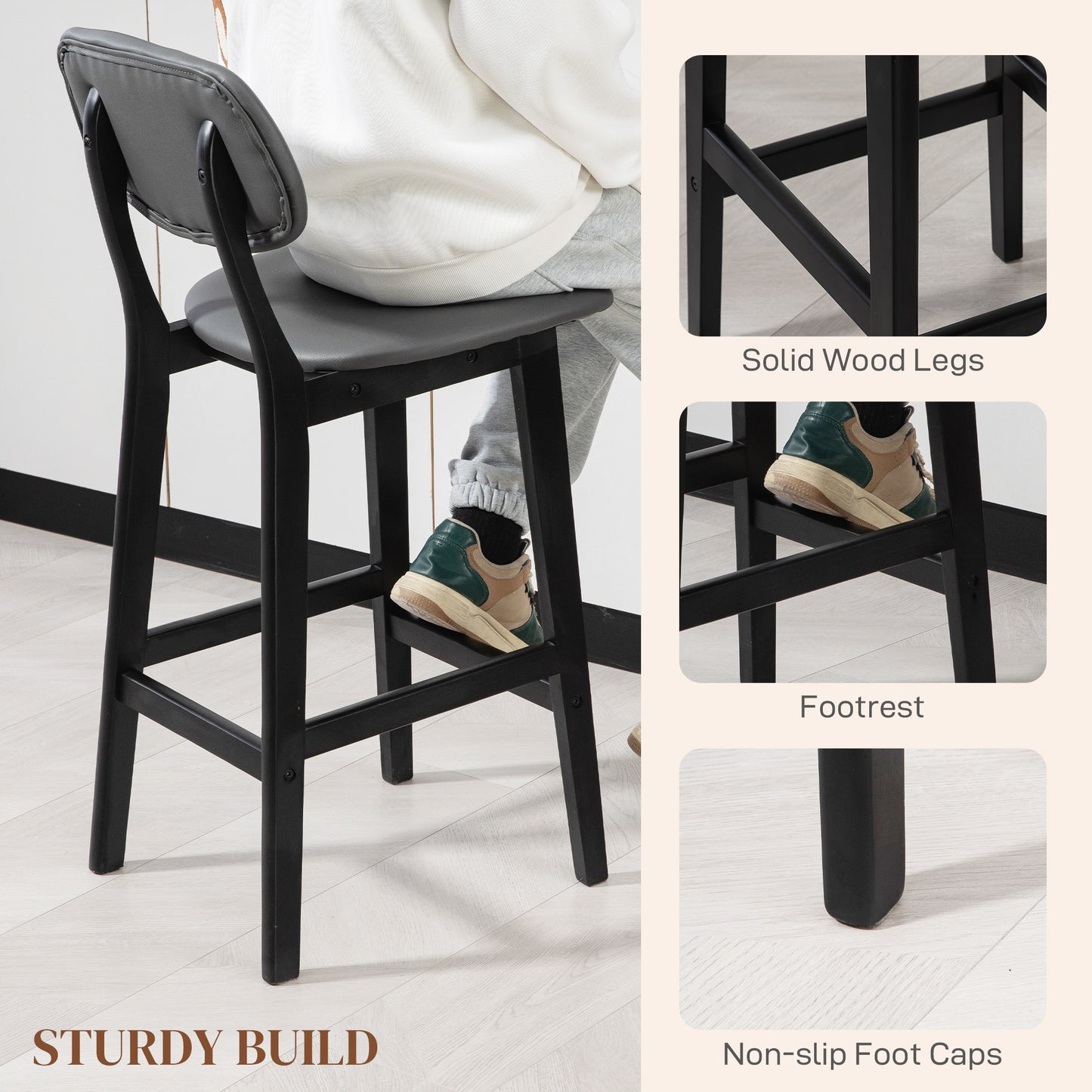 HOMCOM Bar Stools Set of 2, Breakfast Bar Chairs, PU Leather Upholstered Kitchen Stools with Backs, Footrests and Solid Wood Legs, Dark Grey