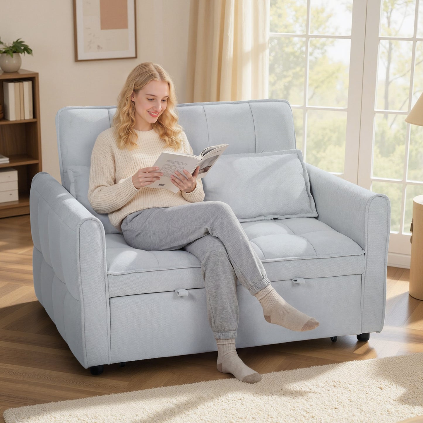 HOMCOM 2 Seater Sofa Bed, 3-in-1 Convertible Sleeper Sofa with Click-clack Adjustable Backrest and 2 Pillows, Light Grey