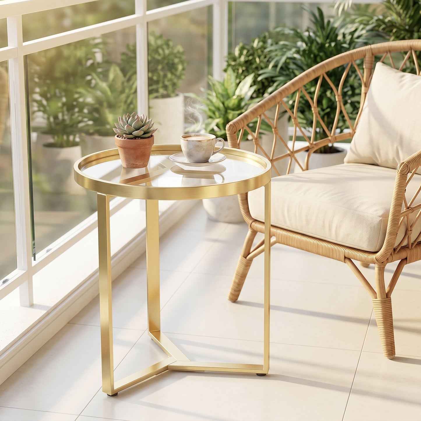 HOMCOM Round Side Table with Tempered Glass Top and Geometric Metal Frame for Small Space, Gold Tone