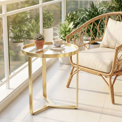 HOMCOM Round Side Table with Tempered Glass Top and Geometric Metal Frame for Small Space, Gold Tone