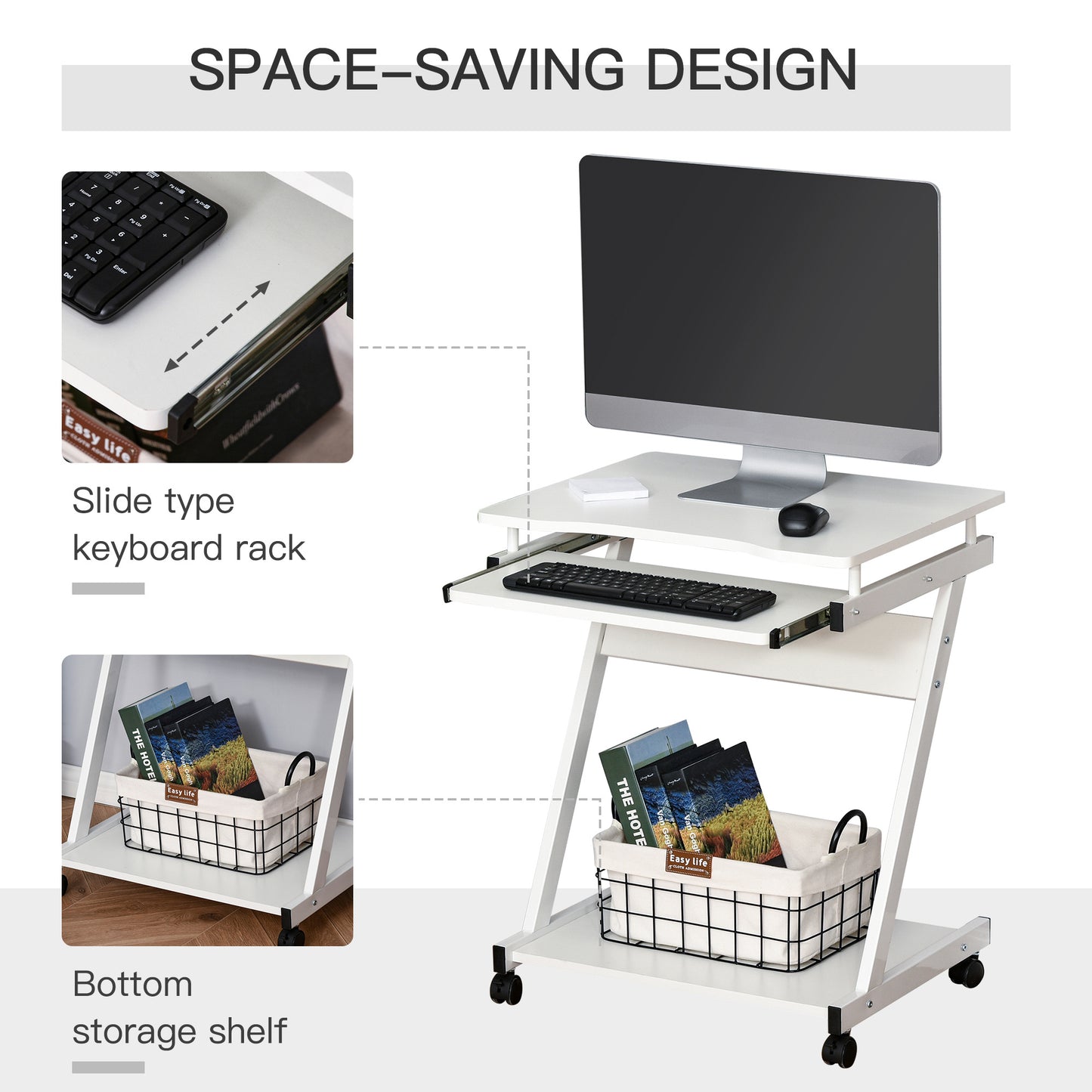 HOMCOM Movable Computer Desk with 4 Moving Wheels and Keyboard Tray White