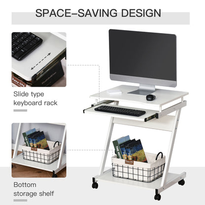 HOMCOM Movable Computer Desk with 4 Moving Wheels and Keyboard Tray White