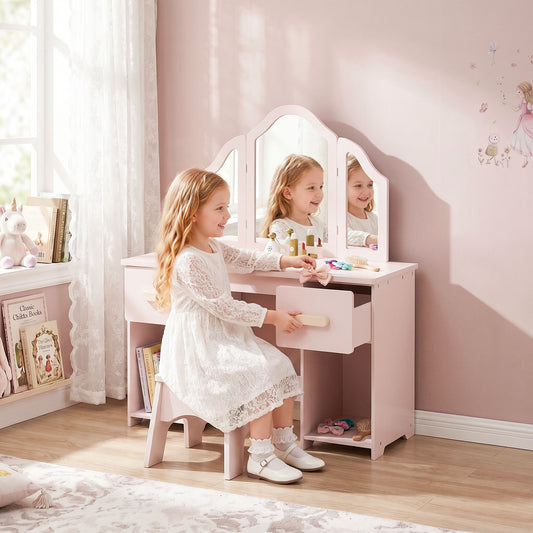AIYAPLAY Kids Dressing Table, Kids Vanity Table and Chair Set with Tri-Folding Mirror, 2 Drawers, 2 Cabinets for Girls 3+, Pink