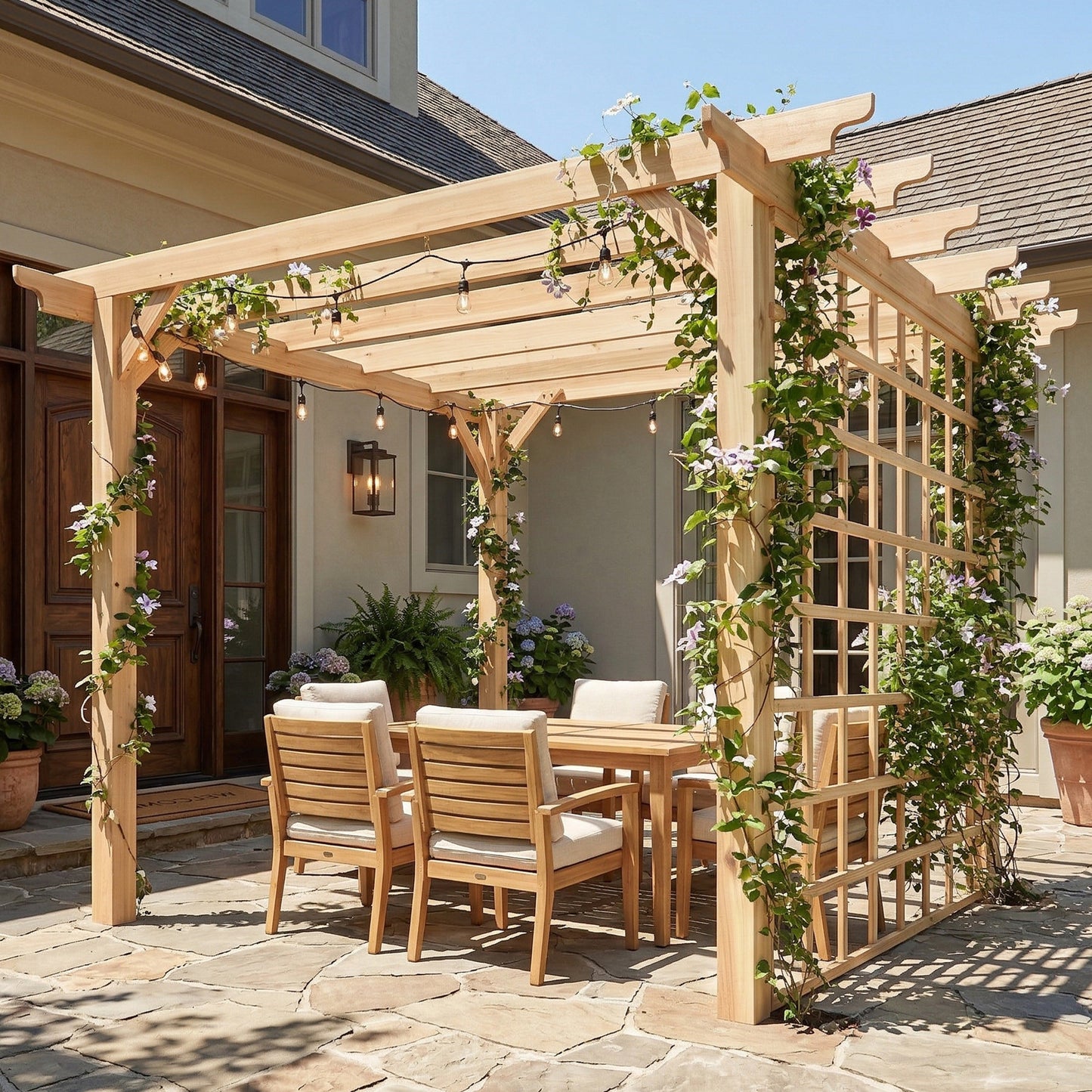 Outsunny 3 x 3 m Wooden Pergola Kit, Garden Pergola Gazebo Arch with Trellis for Climbing Vines, Flowers, Nature Wood Finish