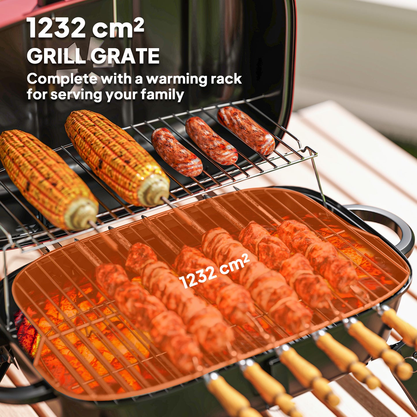 Outsunny Charcoal Barbecue Grill Folding BBQ Grill with 1232 cm² Cooking Area, Adjustable Vent, Thermometer, Handles for Camping Picnic, Red