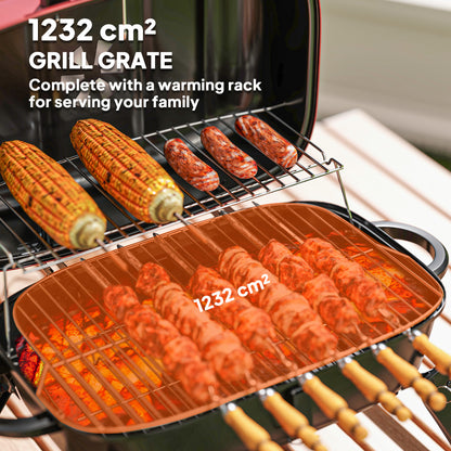 Outsunny Charcoal Barbecue Grill Folding BBQ Grill with 1232 cm² Cooking Area, Adjustable Vent, Thermometer, Handles for Camping Picnic, Red