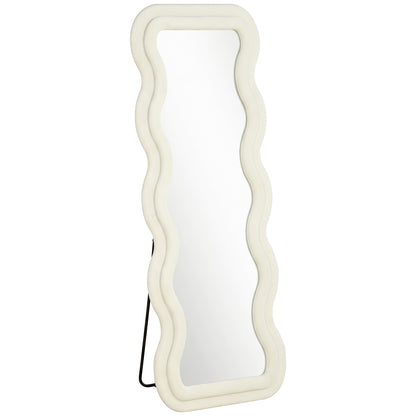 HOMCOM Full Length Mirror, 160 x 60 cm Wavy Full Body Wall Standing Mirror with Velvet Frame and Tempered Glass, Cream White