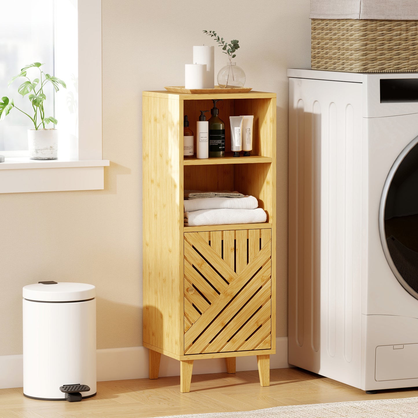HOMCOM Slim Bathroom Cabinet with Bamboo Door and Legs, Narrow Bathroom Storage Cabinet, Freestanding Storage Cupboard with Open Compartments, 32 x 30 x 90 cm, Natural Wood Finish