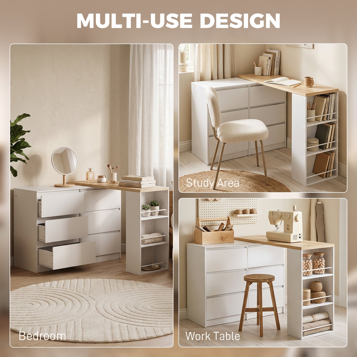HOMCOM Vanity Table, Dressing Table with 6 Drawers and 3-Tier Shelf for Women and Girls, White