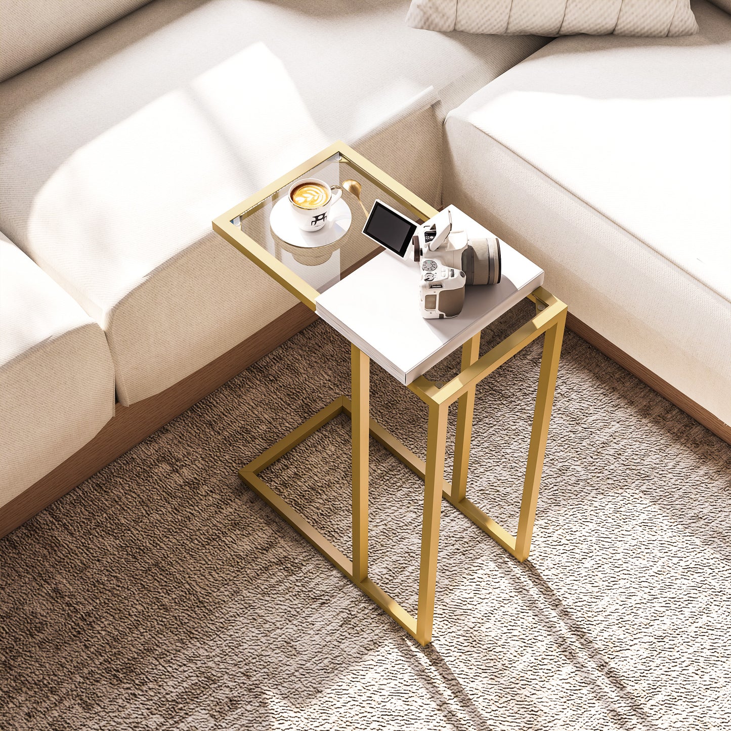 HOMCOM C-Shaped Side Table, Modern Slim End Table with Tempered Glass Tabletop, Steel Frame for Small Space, Living Room, Bedroom, Gold Tone-End Tables-ChewyGames-ChewyGames