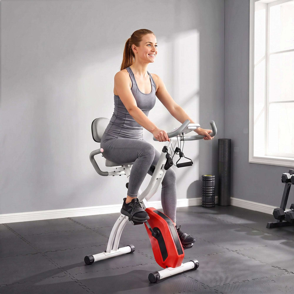 SPORTNOW 4-In-1 Folding Exercise Bike with Resistance Bands, Bluetooth App, 8-Level Magnetic Resistance, LCD Display, Orange