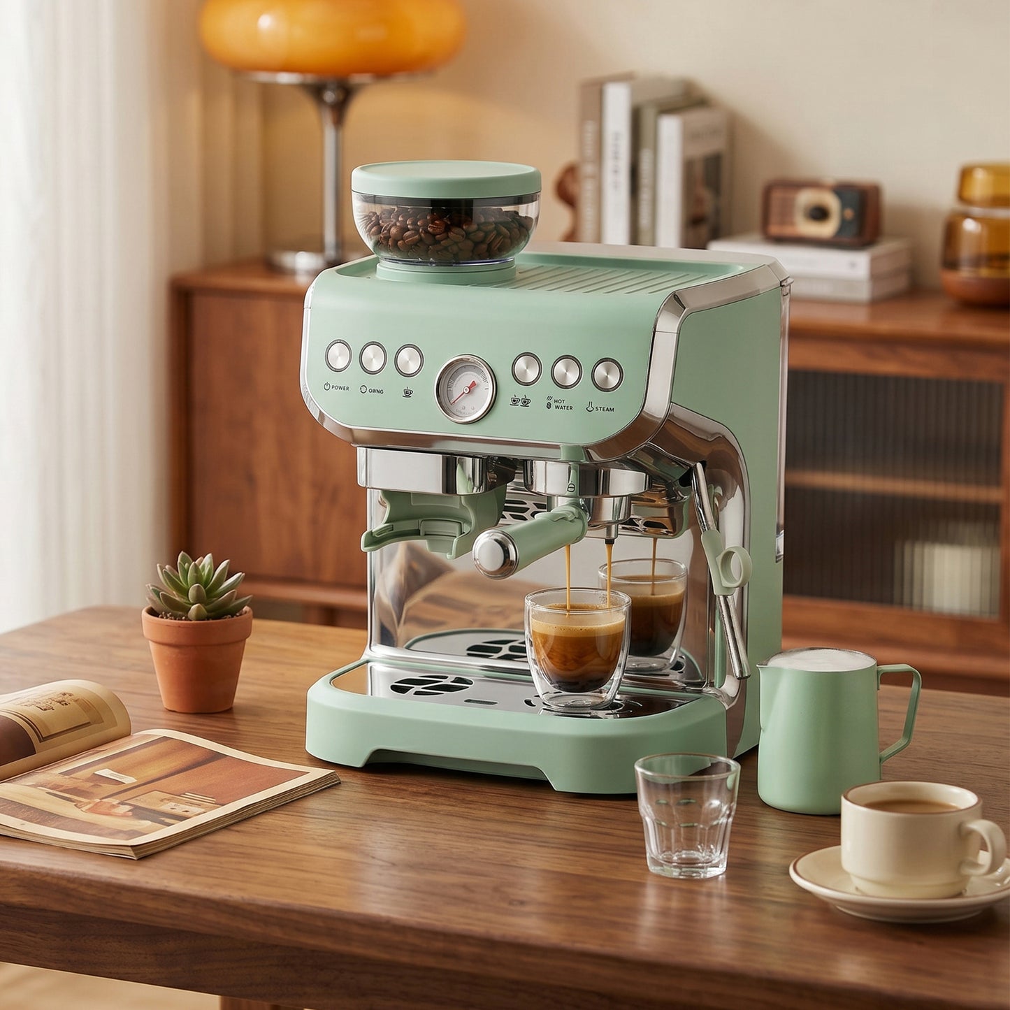 HOMCOM 15 Bar Coffee Machine, with Adjustable Grind, Steamer and Accessories - Light Green