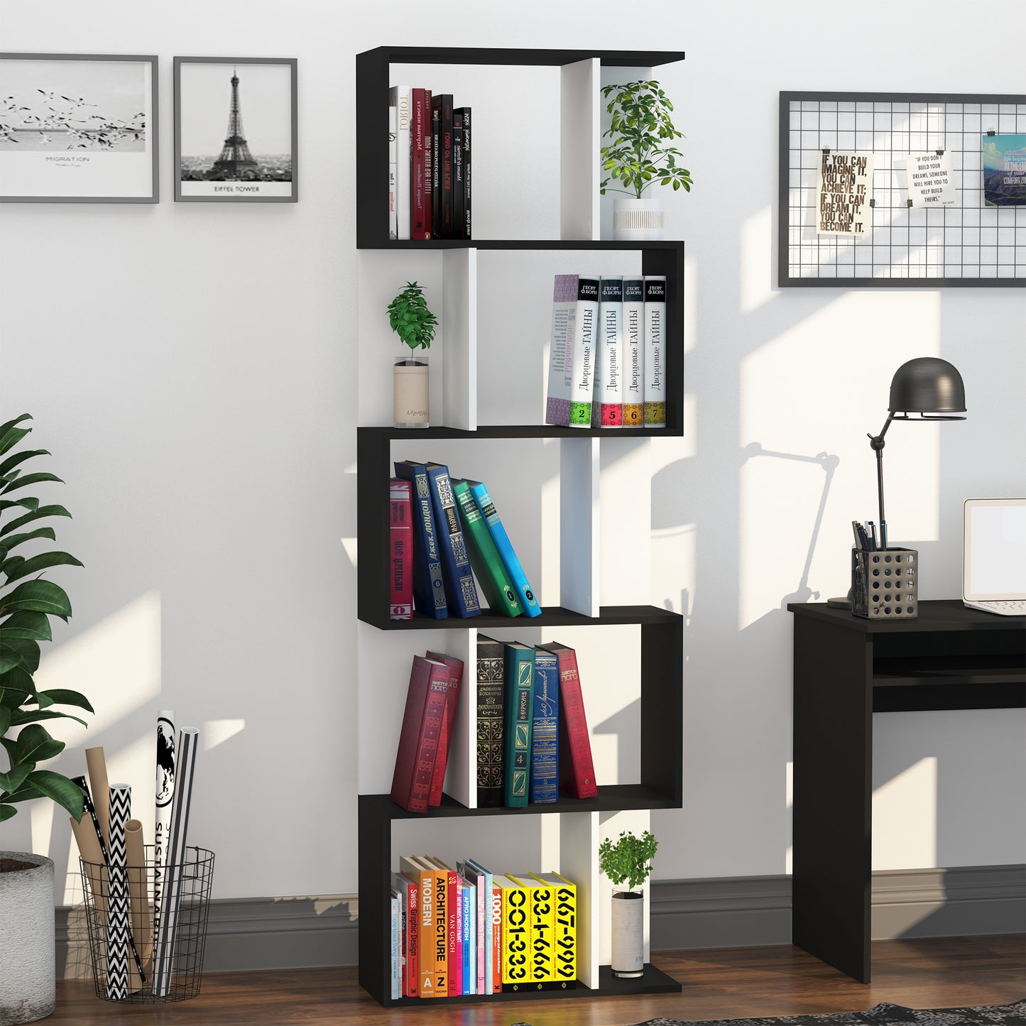 HOMCOM Bookcase, S-Shaped Wooden Bookshelf, 5/6 Tiers Freestanding Storage Shelf, Home Office Decorative Display Stand Rack, Black and White, 24D x 60W x 184.5H