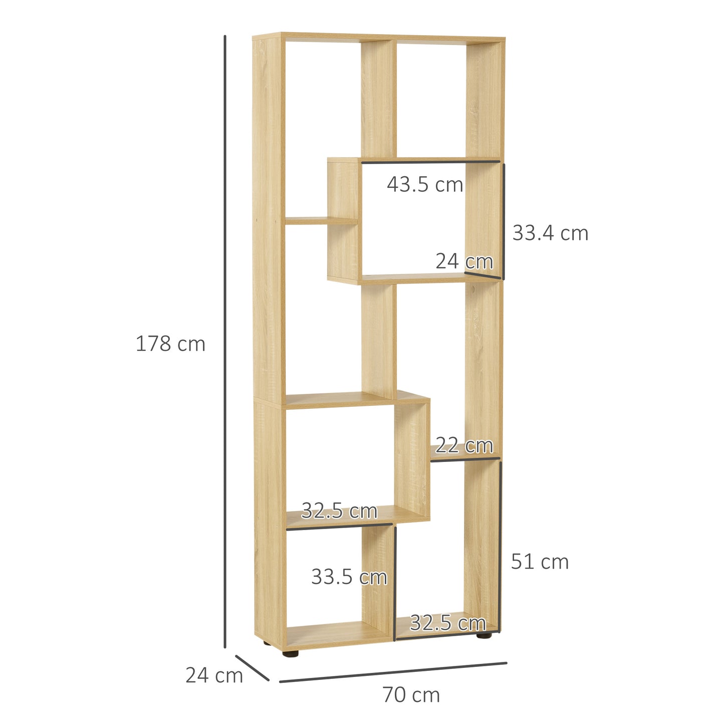 HOMCOM Bookshelf, Tall Bookcase, Modern Room Divider, 8 Cube Storage Unit, Freestanding Storage Shelf for Living Room, Bedroom, Home Office, 70 x 24 x 178 cm, Natural