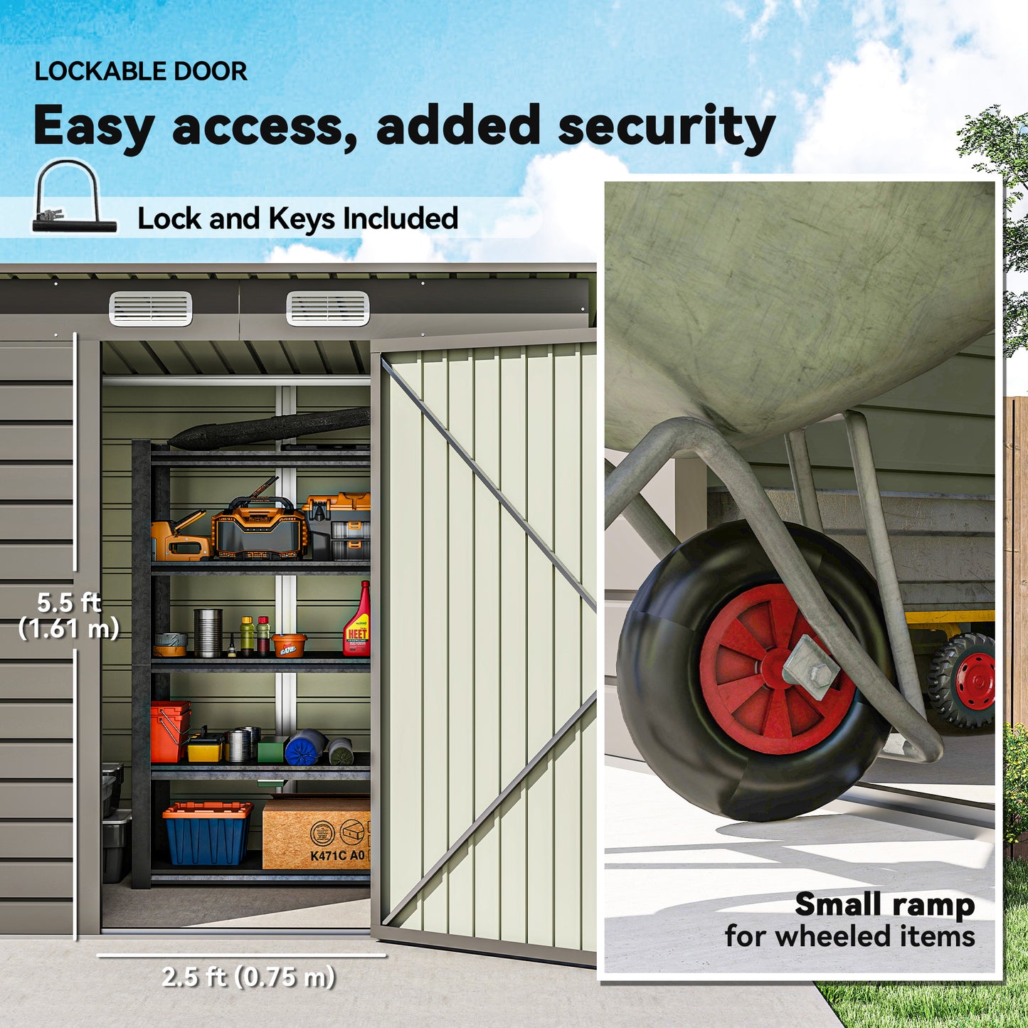Outsunny 4 x 6ft Galvanised Metal Garden Shed, with Locking Door - Grey