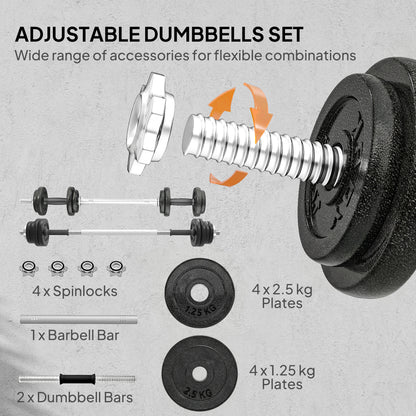 SPORTNOW 2-in-1 Adjustable Dumbbells Set, 20kg Cast Iron Weights Dumbbells Set with Non-Slip Grip for Strength Training, Weight Lifting, Bodybuilding, Home Gym Workout Equipment for Men & Women