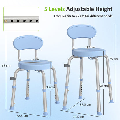 HOMCOM 360° Swivel Shower Stool with Aluminium Frame, 5-Level Adjustable Height, Backrest, Non-Slip Shower Chair for Elderly