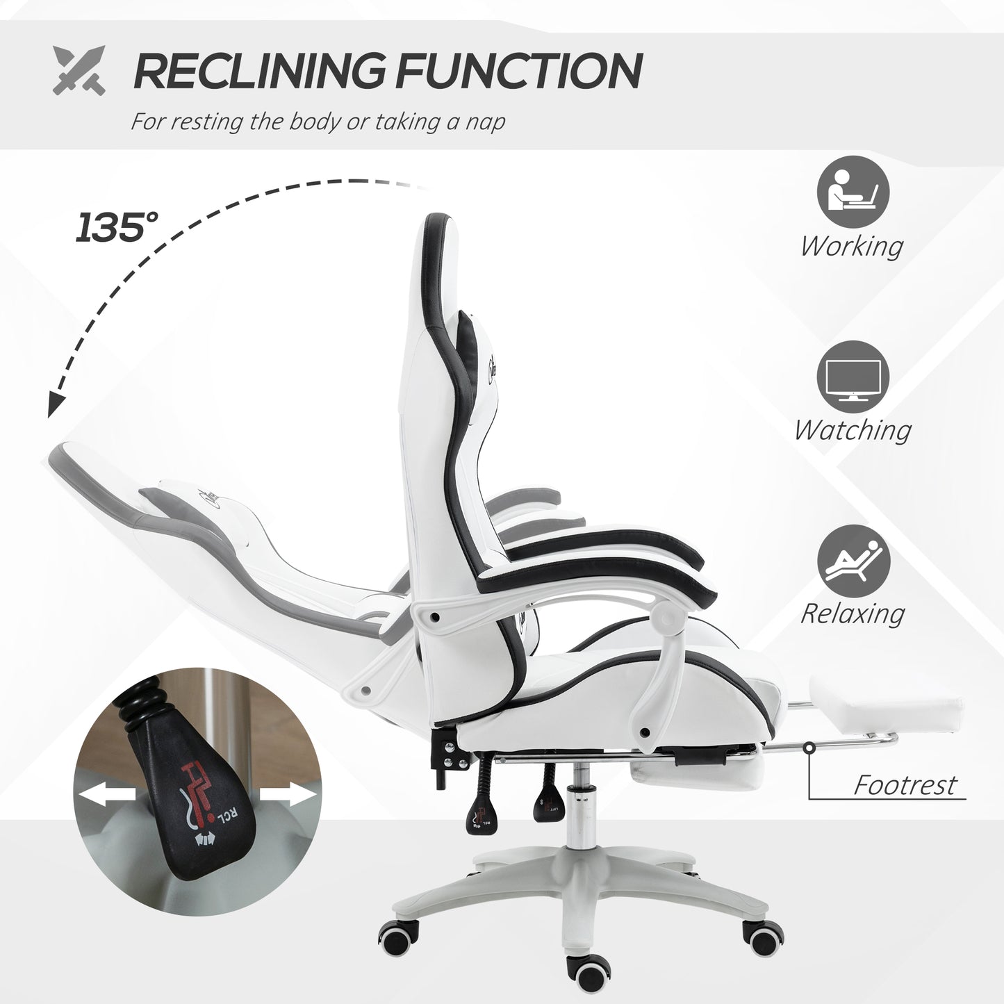 Vinsetto Ergonomic Computer Gaming Chair, PU Leather Office Desk Chair with Footrest, Swivel Wheels, 135° Reclining Back, Lumbar Support, Headrest for Home, White and Black
