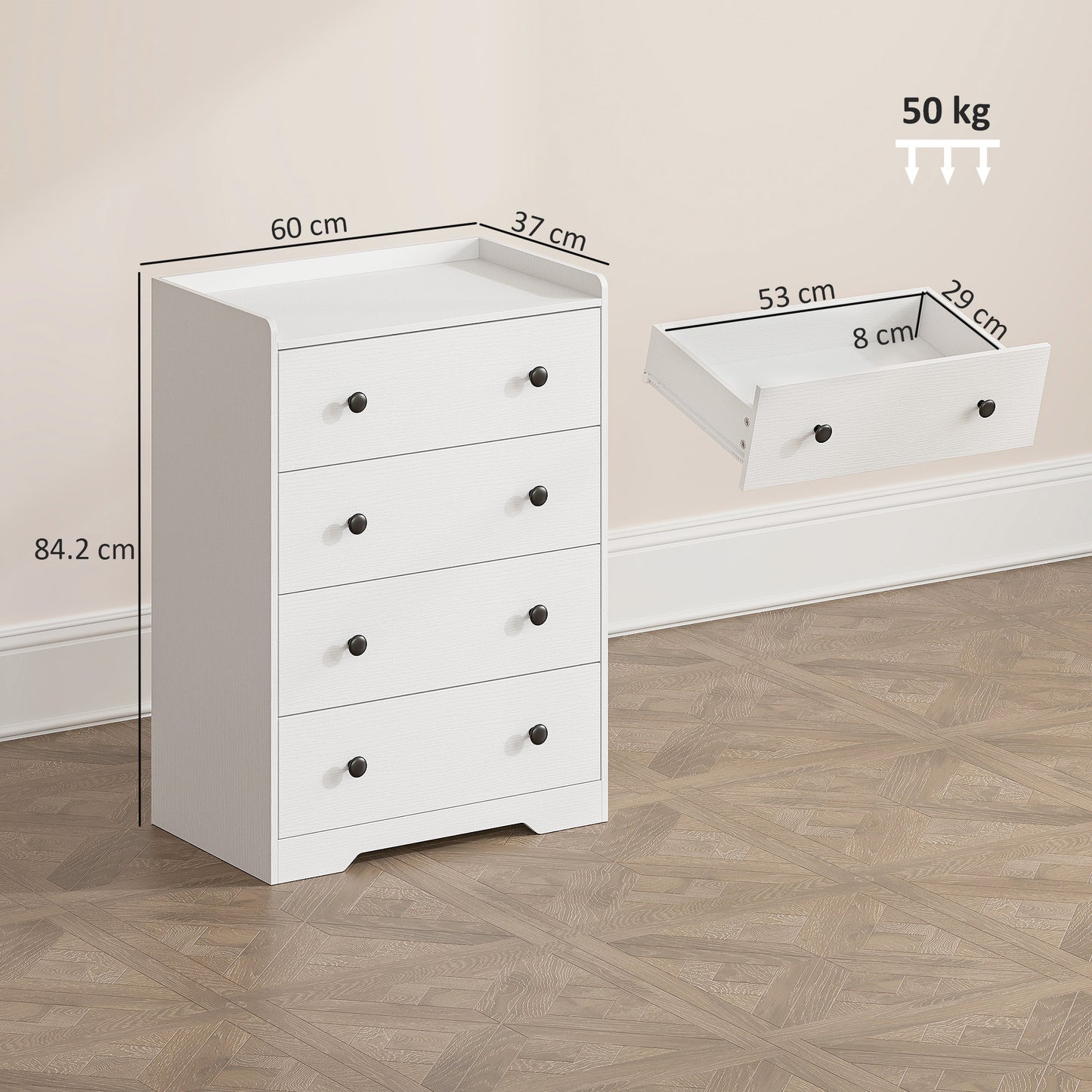 HOMCOM 4 Drawer Chest of Drawers, Modern Dresser for Bedroom, Storage Cabinet for Living Room Entryway, White Wood Effect