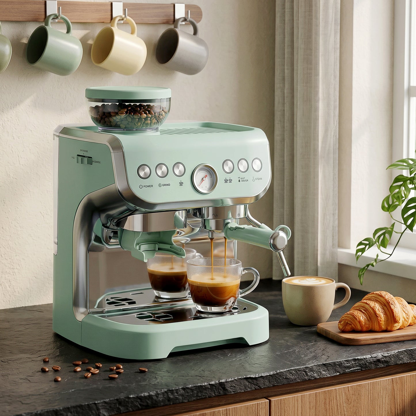 HOMCOM 15 Bar Coffee Machine, with Adjustable Grind, Steamer and Accessories - Light Green