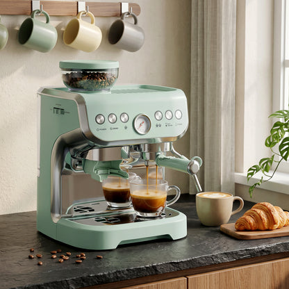 HOMCOM 15 Bar Coffee Machine, with Adjustable Grind, Steamer and Accessories - Light Green