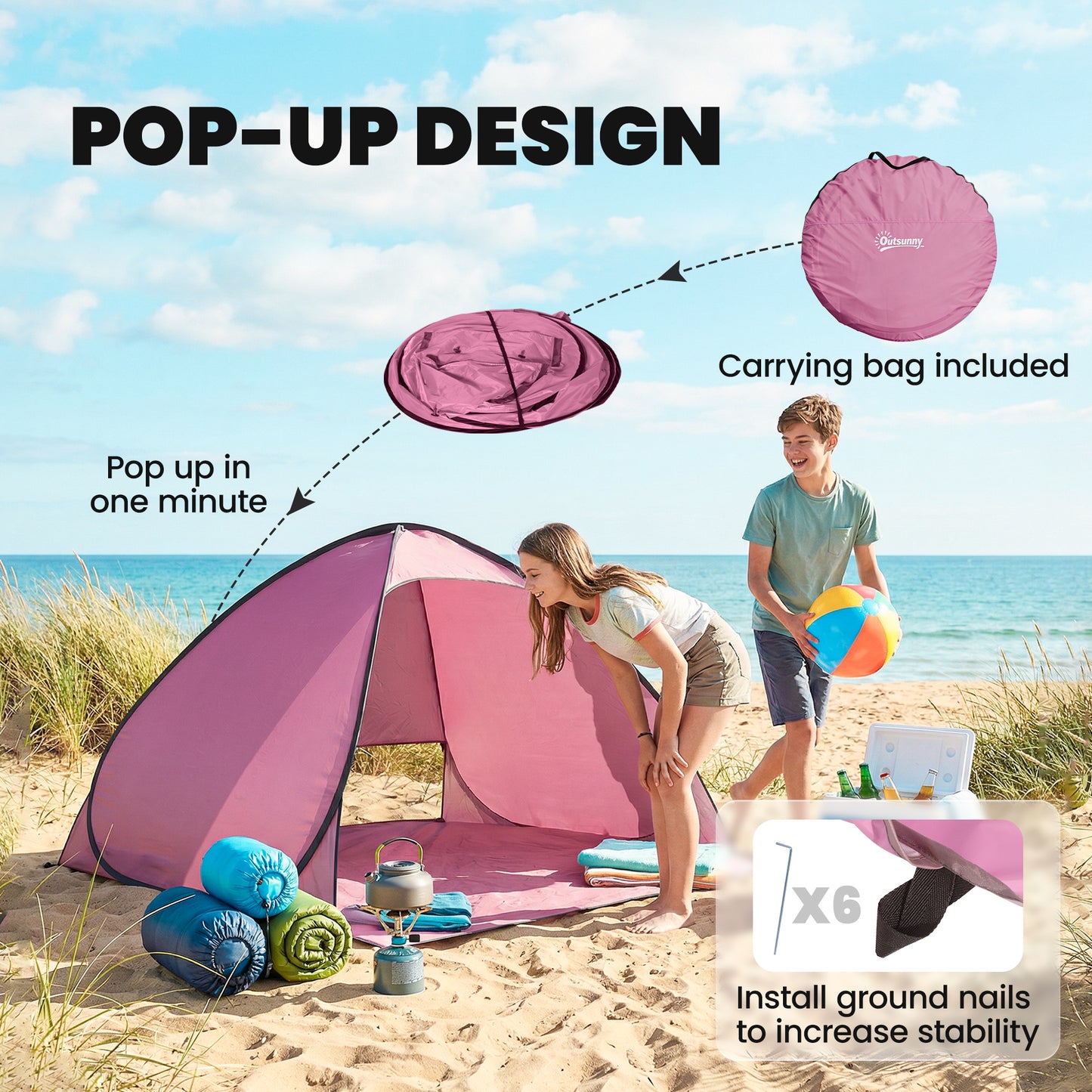 Outsunny Pop up Beach Tent, UV 50+ Sun Shelter with Carry Bag, 2x1.5m for 2-3 Person, Pink