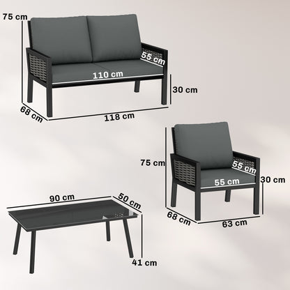 Outsunny 4 Seater Rattan Garden Furniture Set with 2 Armchairs, Loveseat, Coffee Table, Garden Sofa Set with Cushions, Dark Grey