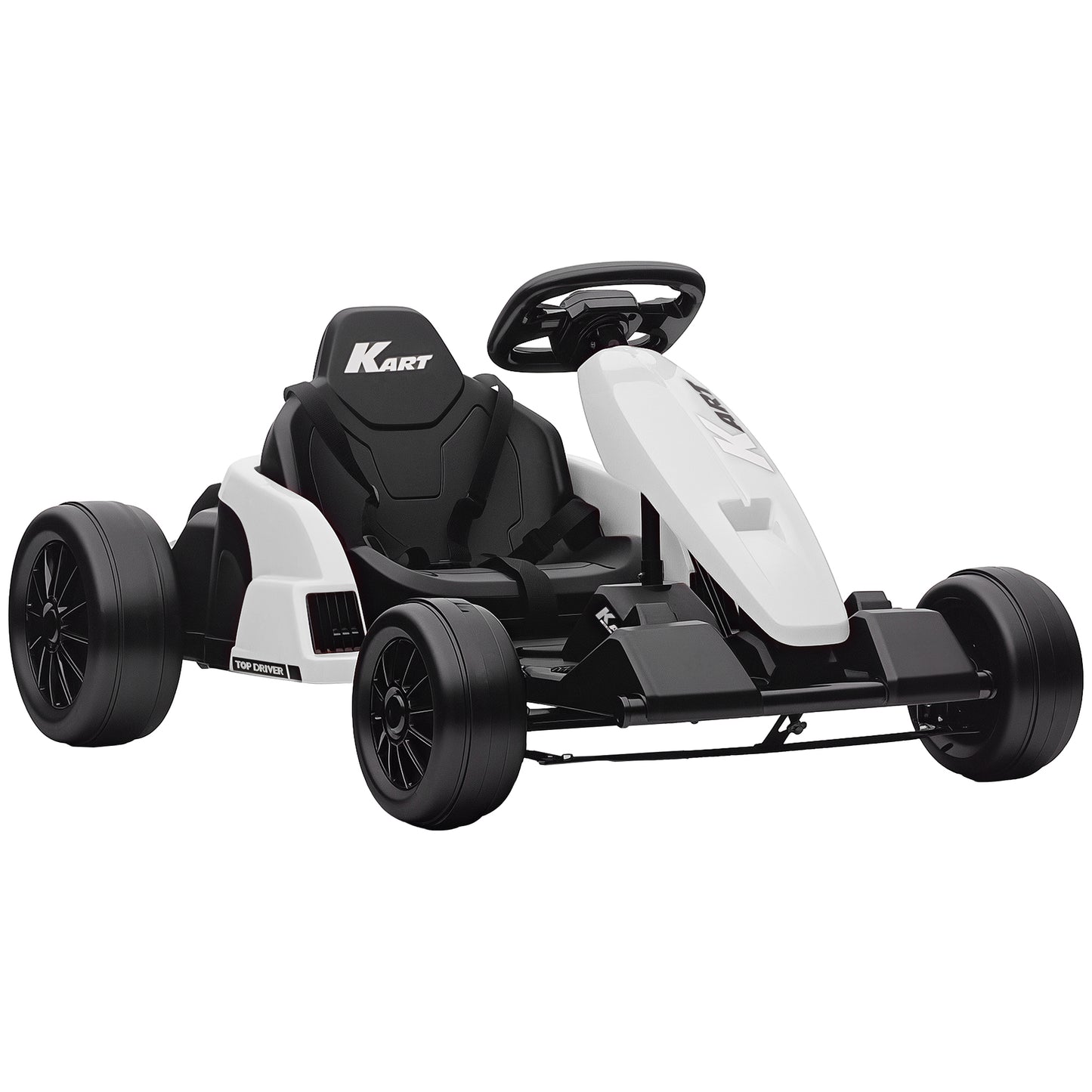 AIYAPLAY 24V Electric Go Kart, Drift Kart with Adjustable Seat, Slow Start, 5-Point Harness, Music, Horn, for 6-12 Years, White