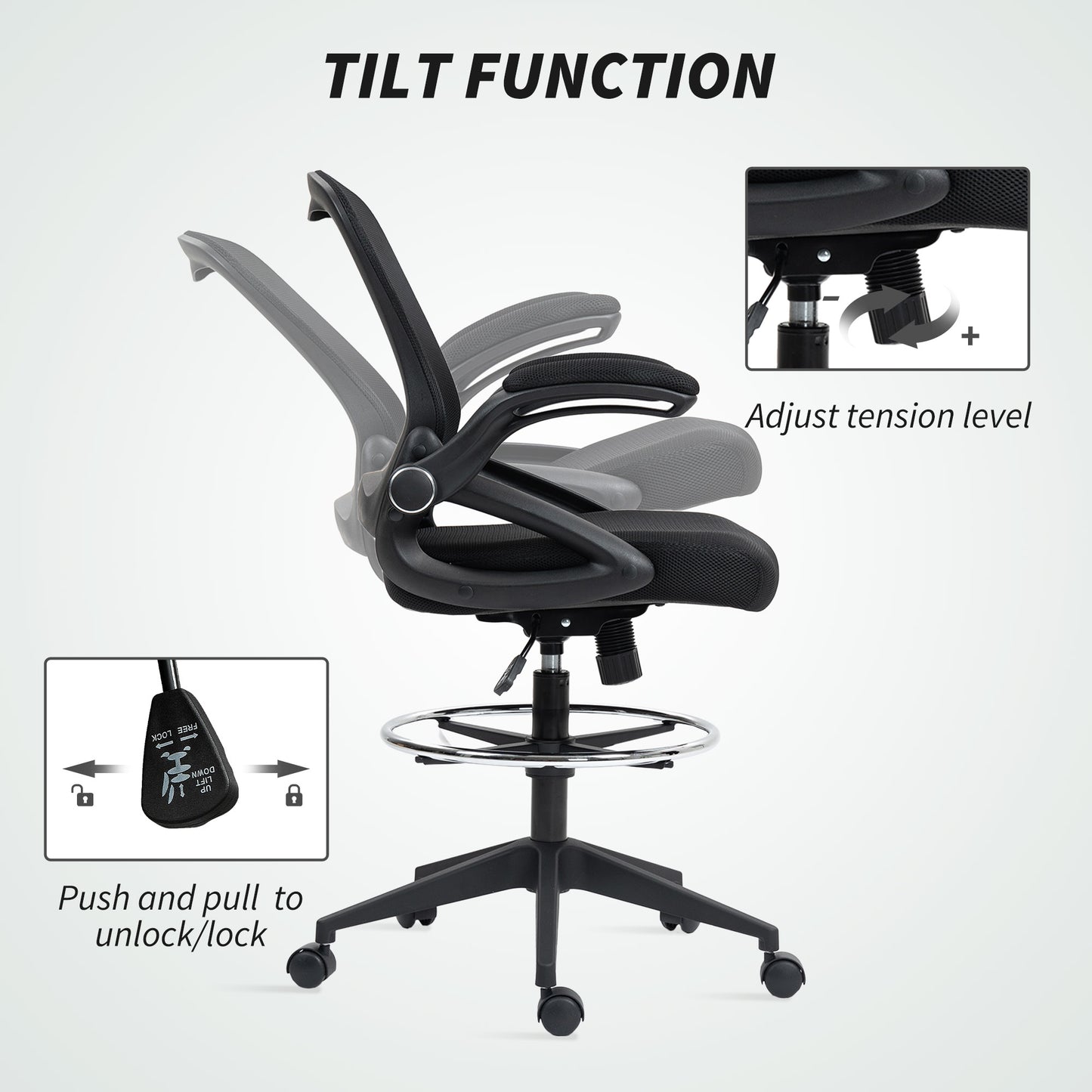 Vinsetto Drafting Chair with Flip-up Armrest, Mesh Office Stool with Foot Ring, 360 Degree Swivel Height Adjustable Chair for Standing Desk, Black