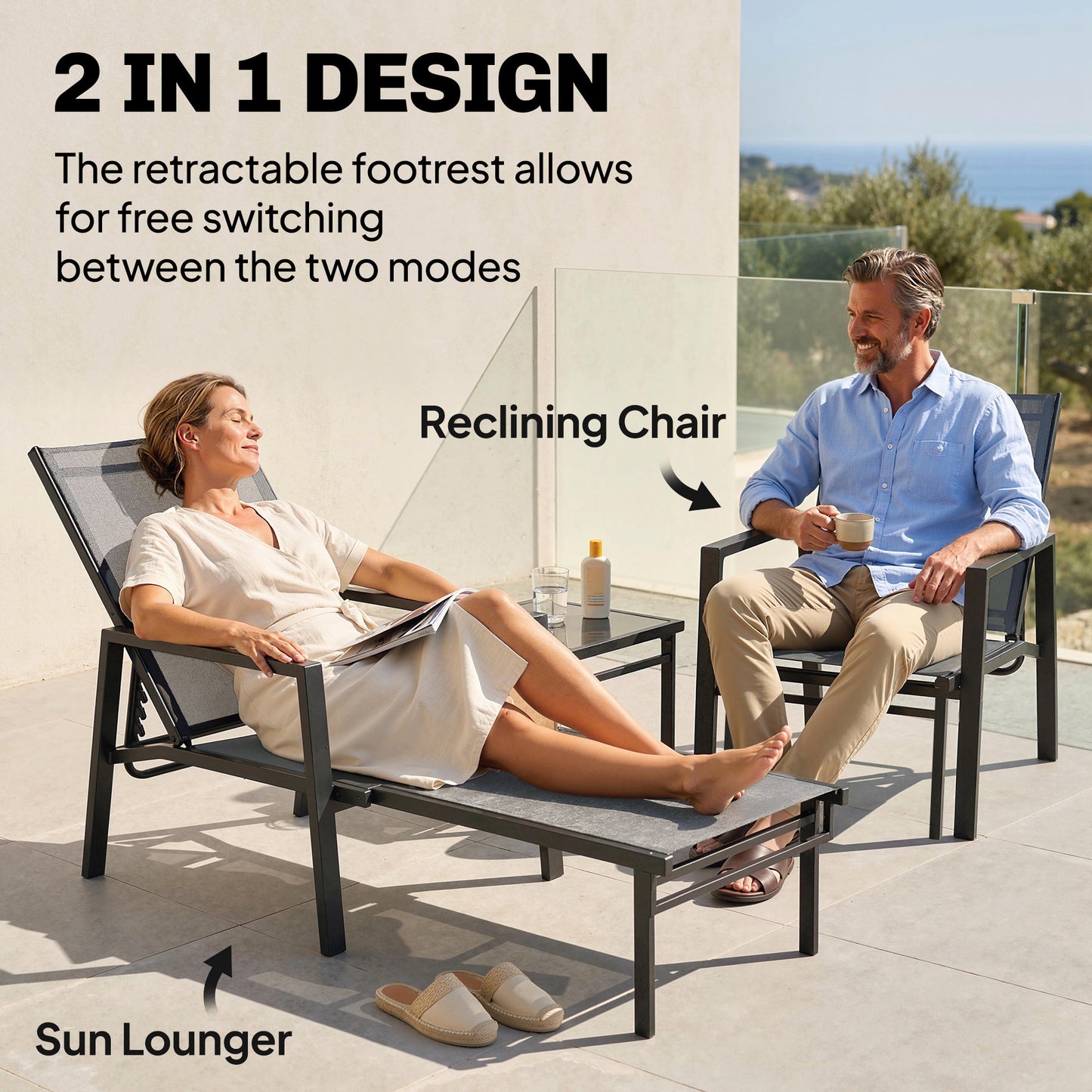 Outsunny Sun Loungers Set of 2 Retractable Footrest 5-Position Adjustable Steel Frame for Beach, Porch, Patio, Camping, Dark Grey--ChewyGames-ChewyGames