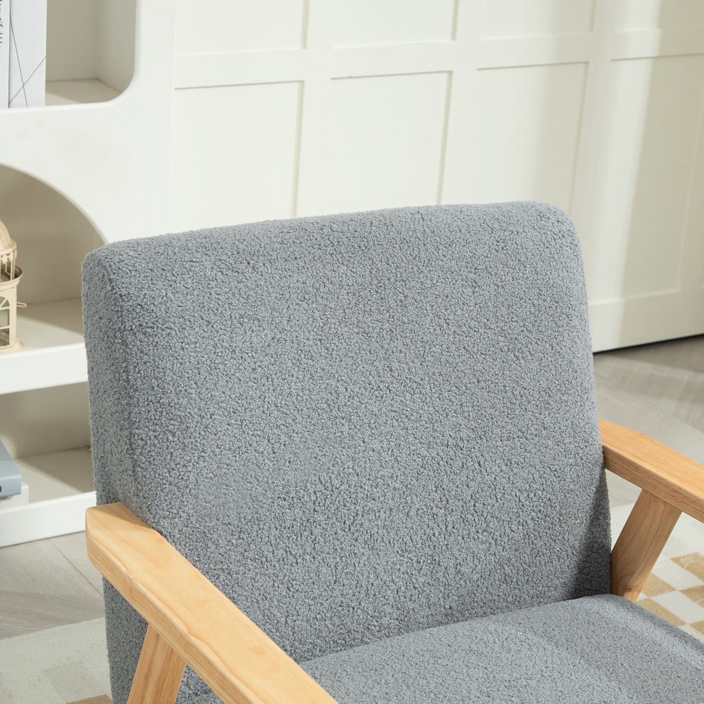 HOMCOM Modern Armchair, Sherpa Fleece Upholstered Accent Chair with Solid Wood Legs and Wide Seat, Padding Lounge Chair for Living Room Bedroom Office, Grey