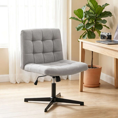 HOMCOM Armless Office Chair, Cross Legged Linen Computer Desk Vanity Chair with Wide Seat, Rocking Function, Grey