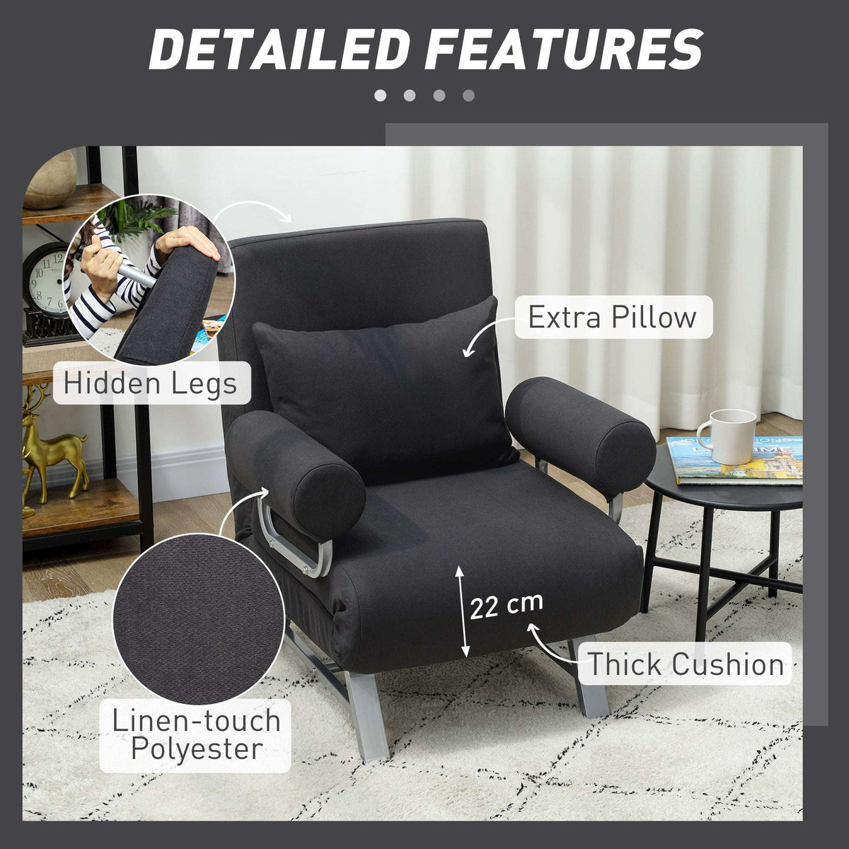 HOMCOM Single Sofa Bed, 3-in-1 Convertible Folding Chair Bed with Adjustable Backrest, Removable Armrests, Black