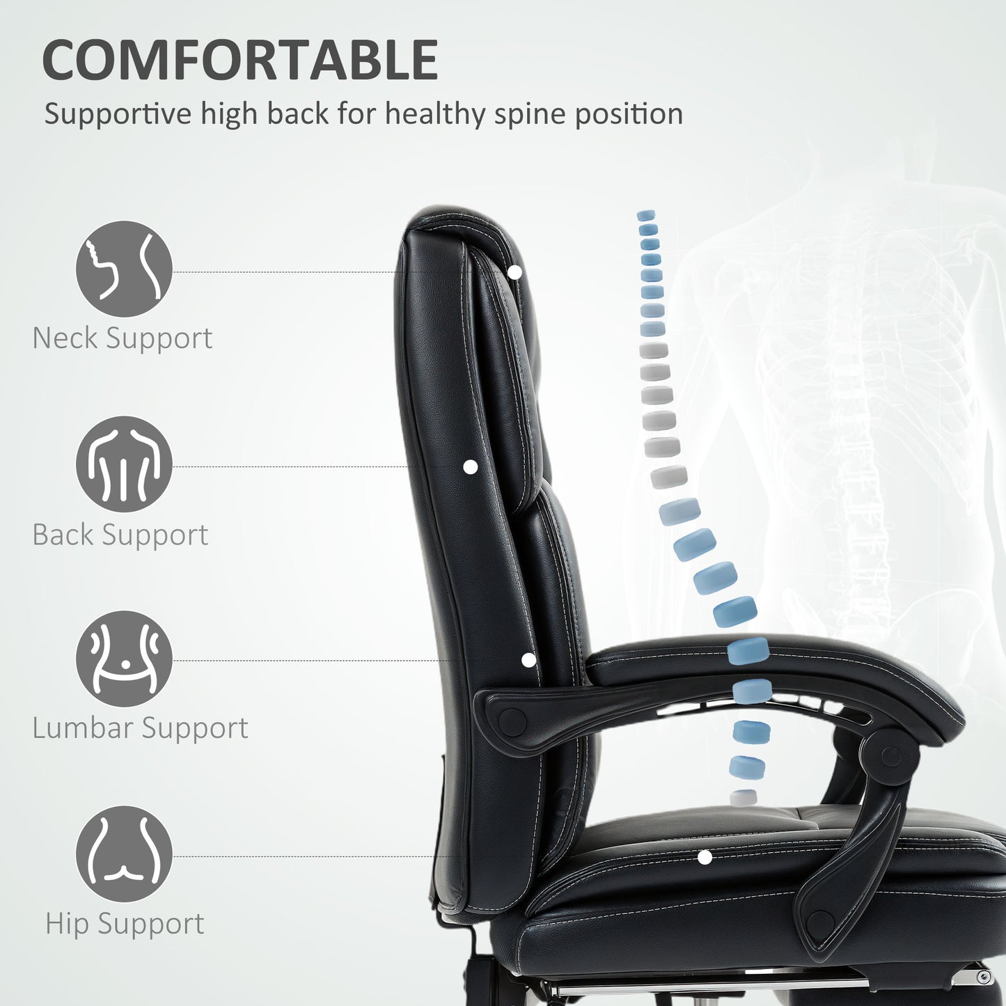 HOMCOM Faux Leather Reclining Office Chair, with Footrest - Black