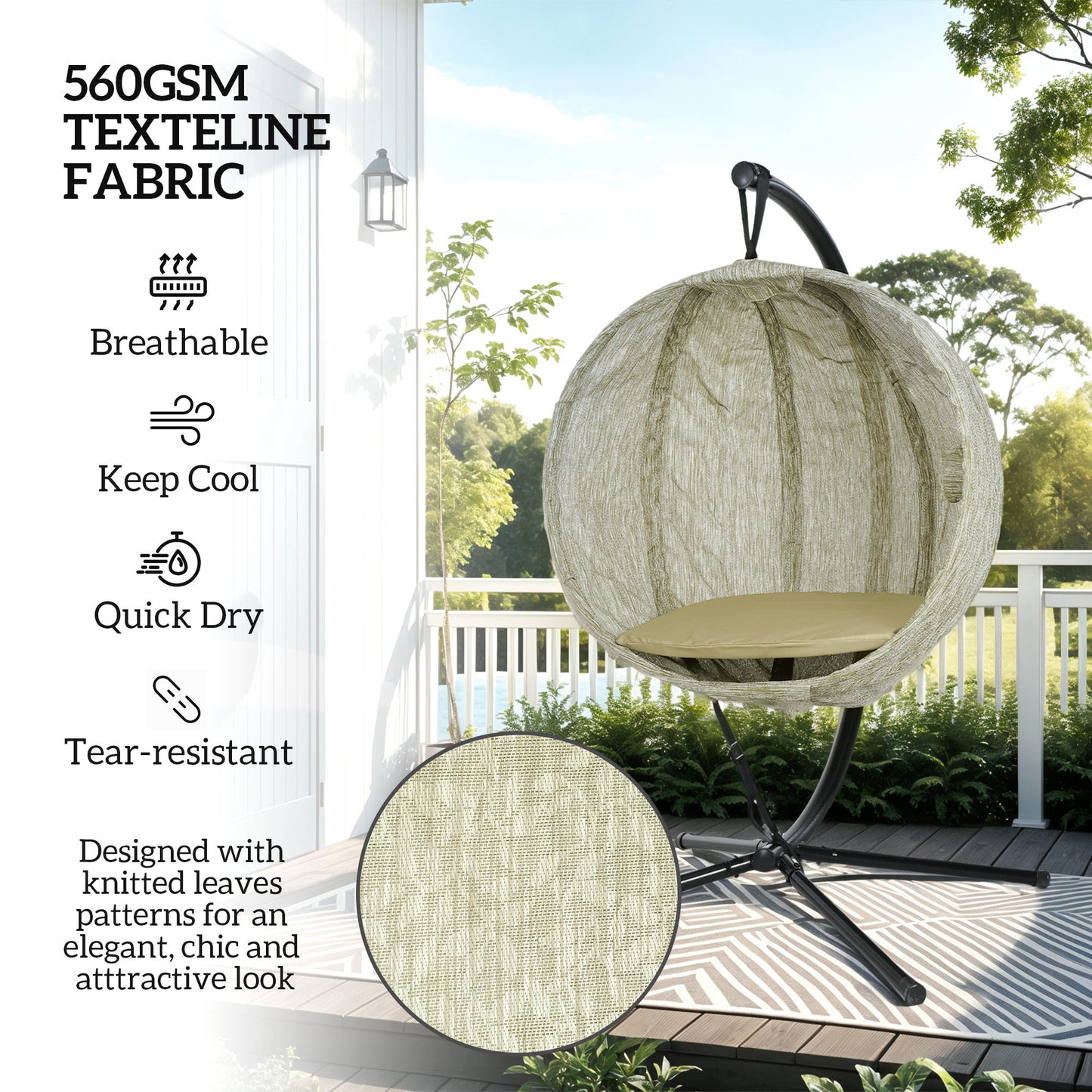 Outsunny Hanging Egg Chair Outdoor Indoor Garden Swing Chair with Folding Basket, Thickened Cushion, Cup Holder for Patio, Balcony, Khaki