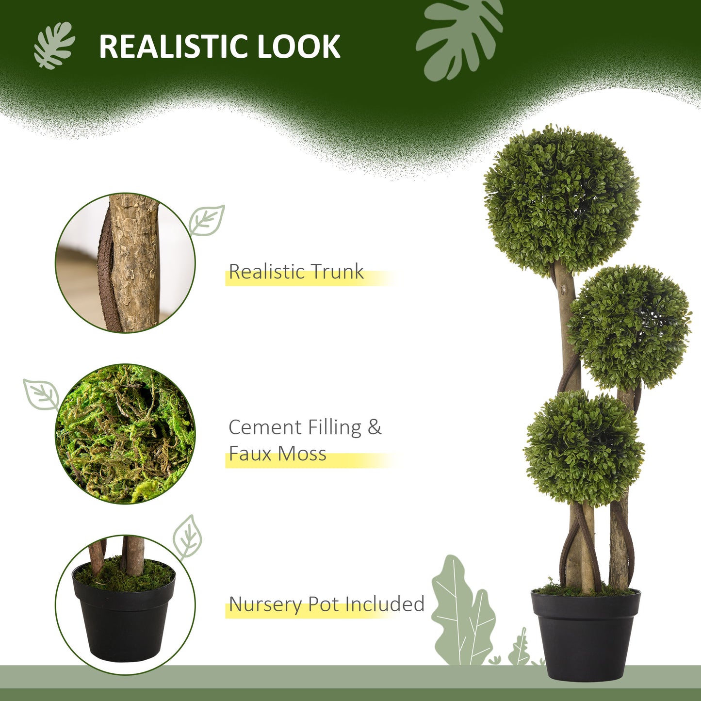 HOMCOM Set of 2 Decorative Artificial Tree Boxwood Ball Topiary Tree in Pot, Fake Plant for Home Indoor Outdoor Decor, 90 cm, Light Green