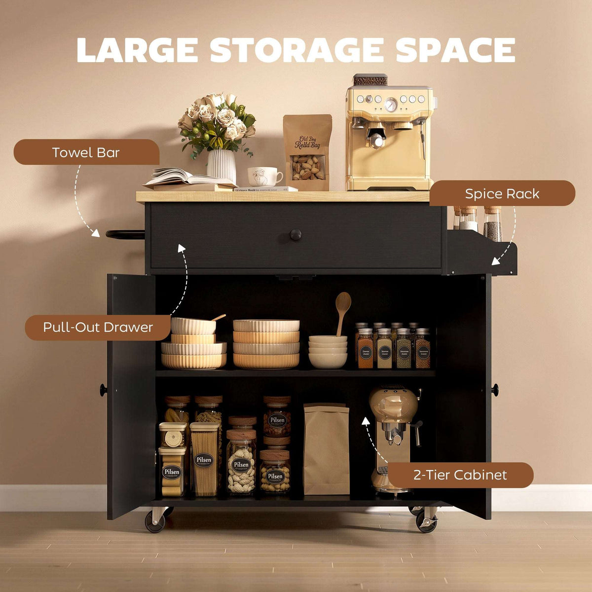 HOMCOM Kitchen Island with Drop Leaf, Rolling Kitchen Storage Trolley on Wheels with Drawer, Spice Rack and Towel Rack, Black